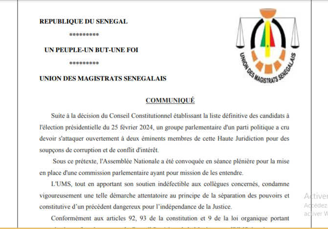 Accusation contre le Conseil constitutionnel: L’Union des Magistrats tape sur la table et rappelle à l’ordre les politiques