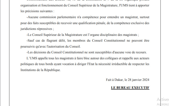Accusation contre le Conseil constitutionnel: L’Union des Magistrats tape sur la table et rappelle à l’ordre les politiques
