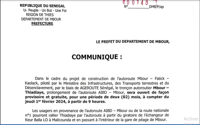 Pour une période de deux mois: Le troncon Mbour-Kaolack sera ouvert de facon provisoire et gratuite