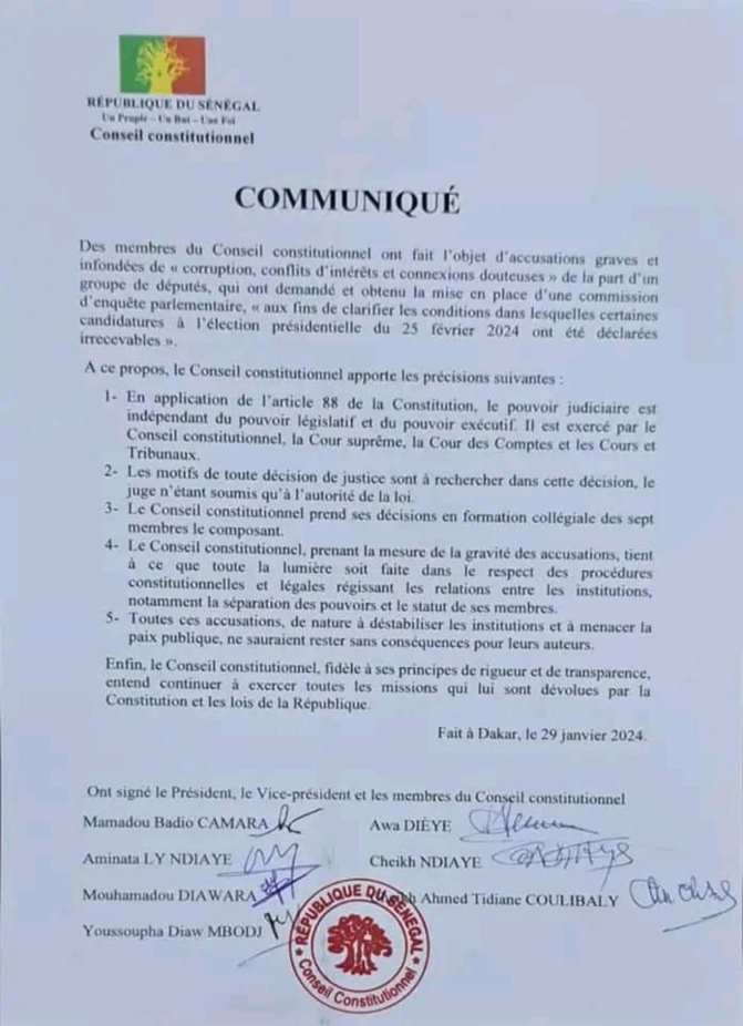 Soupçons de « corruption » au Conseil constitutionnel: Les précisions des 7 sages