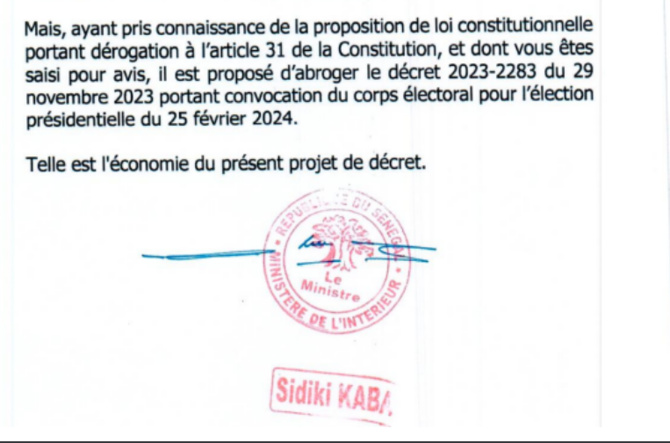 Décret abrogeant la convocation du corps électoral et contresigné par Amadou Ba