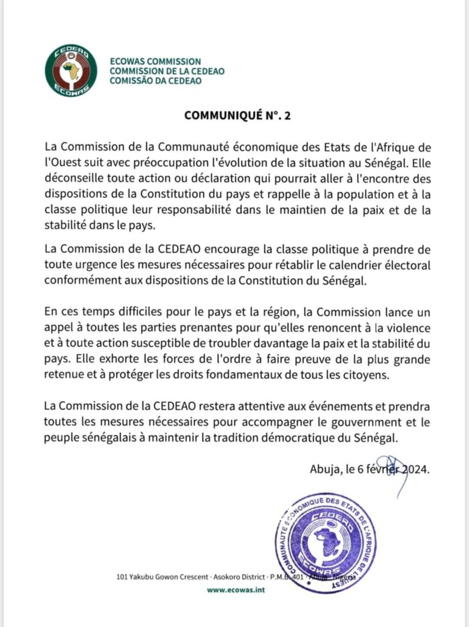 Sénégal: La CEDEAO demande à la classe politique de « rétablir le calendrier électoral Sénégal: La CEDEAO demande à la classe politique de « rétablir le calendrier électoral