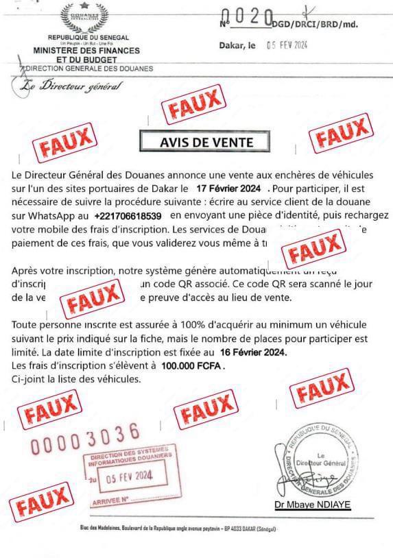 Eventuelle vente aux enchères de véhicules : La Douane se démarque et parle d’arnaque et de tentative frauduleuse Eventuelle vente aux enchères de véhicules : La Douane se démarque et parle d’arnaque et de tentative frauduleuse