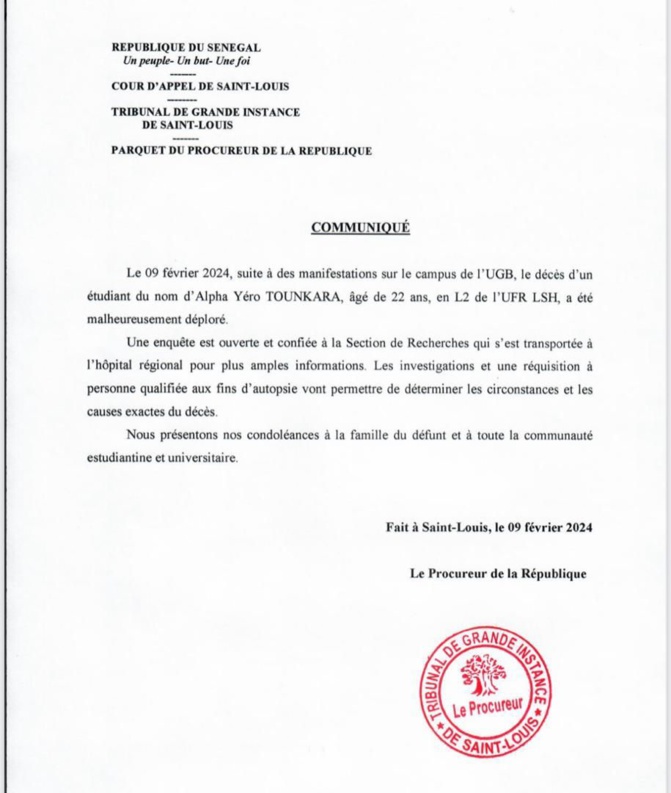 Étudiant tué à Saint-Louis: Le procureur annonce l'ouverture d'une enquête Étudiant tué à Saint-Louis: Le procureur annonce l'ouverture d'une enquête