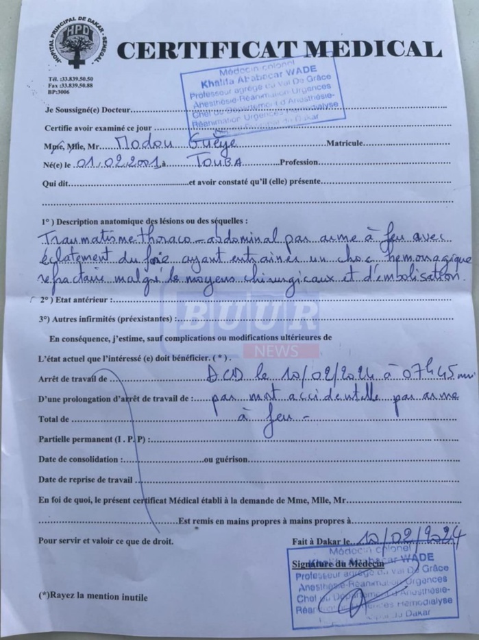 Mort de Modou Guèye: Les révélations du certificat de décès 