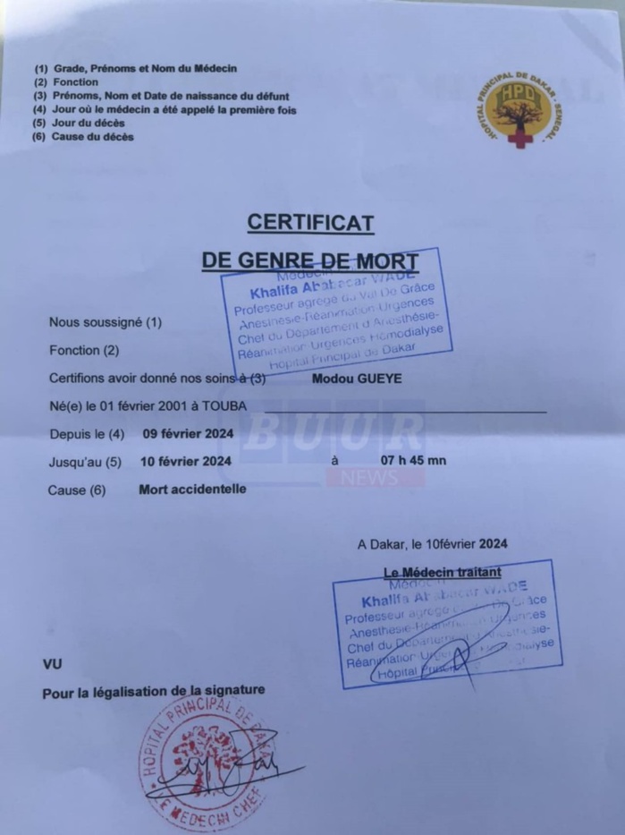 Mort de Modou Guèye: Les révélations du certificat de décès 
