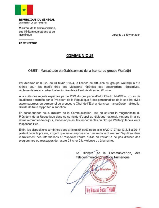 Après une coupure de quelques jours: Le signal de Walfadjri, présentement, rétabli Après une coupure de quelques jours: Le signal de Walfadjri, présentement, rétabli