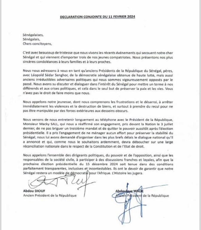 Tensions au Sénégal: Abdoulaye Wade et Abdou Diouf appellent les acteurs politiques et la Société civile à participer, "à des discussions franches et loyales"