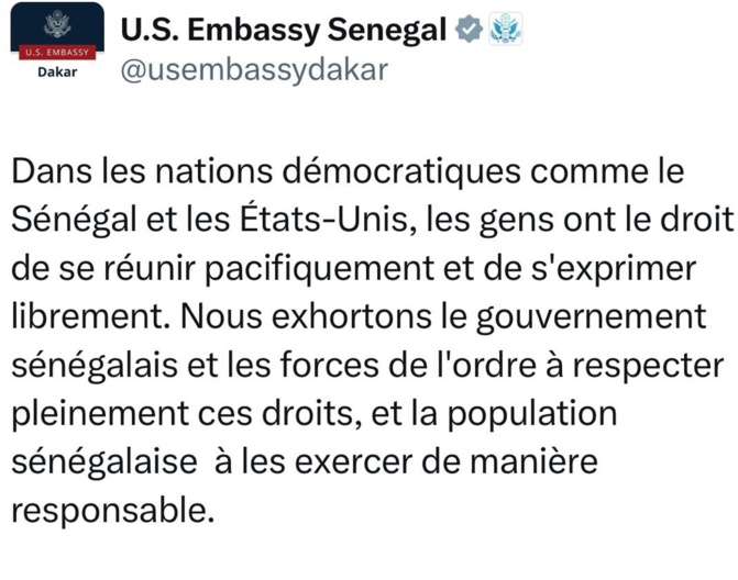Manifestations pacifiques : L’Ambassade des Etats Unis exhortent les autorités à respecter les droits