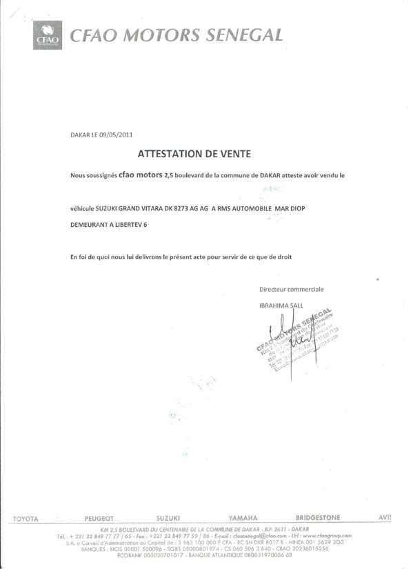 Détournement de véhicules d'une valeur de 300 millions à CFAO Motors Sénégal : Voici les attestations de vente délivrées à Rms Automobile