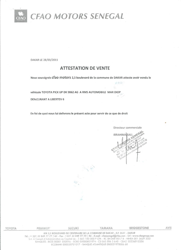 Détournement de véhicules d'une valeur de 300 millions à CFAO Motors Sénégal : Voici les attestations de vente délivrées à Rms Automobile