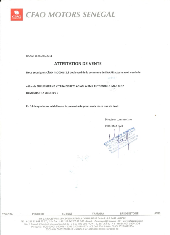 Me Abdourahmane So  avocat de RMS  Il a soutenu qu’Ibrahima Sall n’agissait pas es nom, mais es qualité de responsable de la CFAO. D’ailleurs, Me So considère qu’il y a même escroquerie. Outre les 100 millions de dommages et intérêts, il a réclamé la restitution du véhicule saisi sur son client, ainsi que la mainlevée d’interdiction de mutation portant sur 12 autres véhicules. La défense a plaidé la relaxe, en évoquant les liens de subordination qui existent entre Sall et le reste des prévenus. Il s’y ajoute que Sall, qui s’est fondu dans la nature après sa libération, a rédigé un mail dans lequel il fait des aveux.  Délibéré 7 juillet