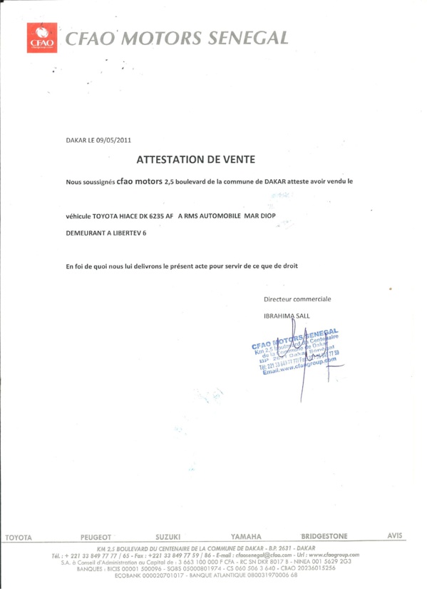 Détournement de véhicules d'une valeur de 300 millions à CFAO Motors Sénégal : Voici les attestations de vente délivrées à Rms Automobile