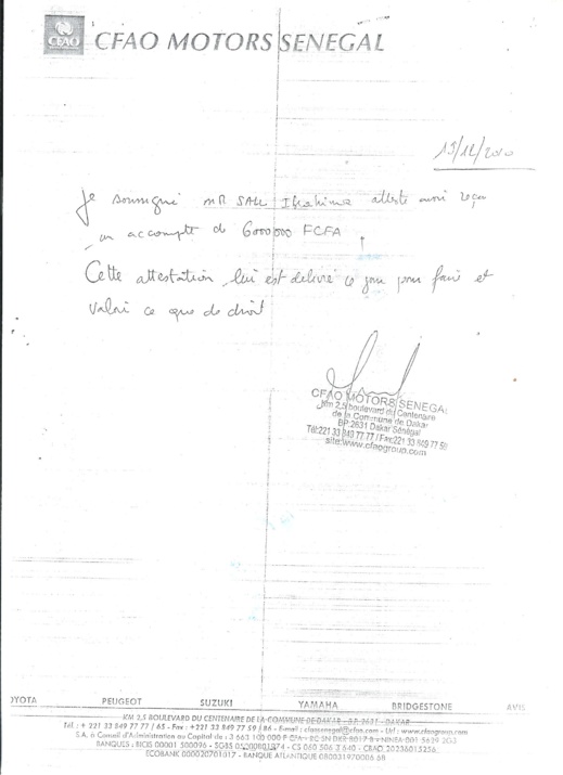 Détournement de véhicules d'une valeur de 300 millions à CFAO Motors Sénégal : Voici les attestations de vente délivrées à Rms Automobile