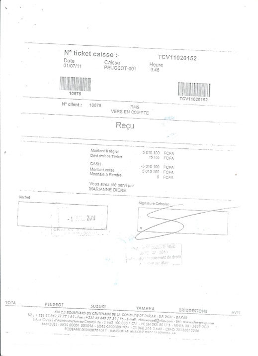 Reçu de caisse de la CFAO à Rms Automobiles