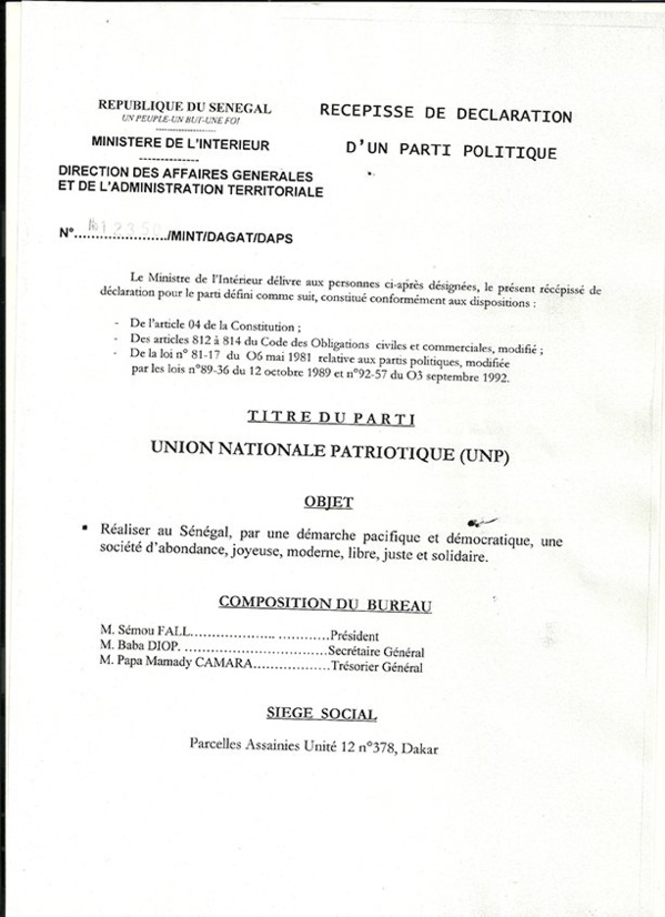 Le parti de Souleymane Ndéné Ndiaye (UNP), un mort-né…Il a « usurpé » le nom d’un parti qui existe déjà