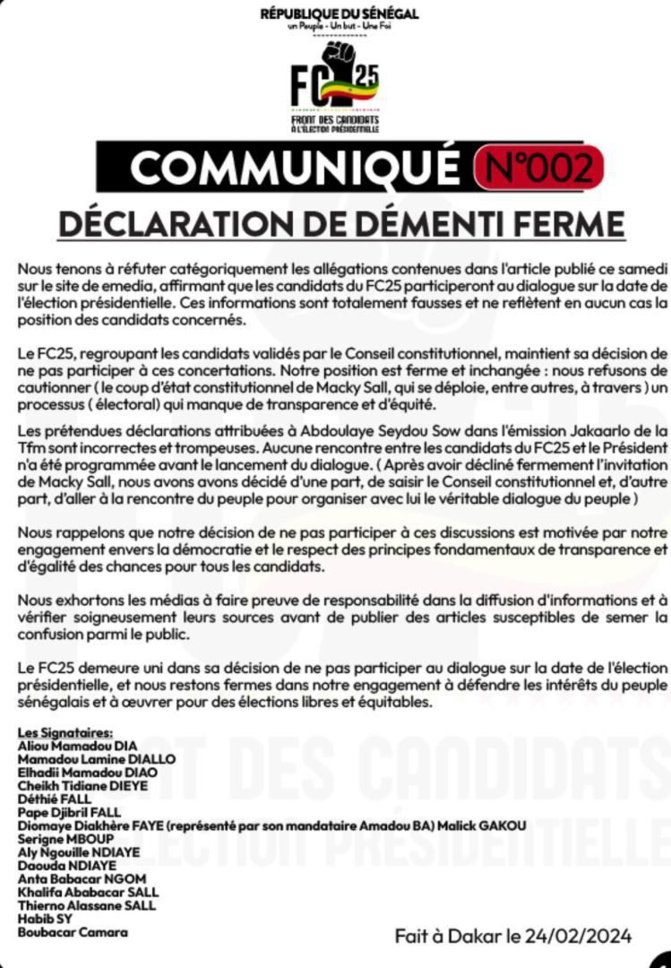 Audience avec Macky Sall: les précisions des candidats du FC25 Audience avec Macky Sall: les précisions des candidats du FC25