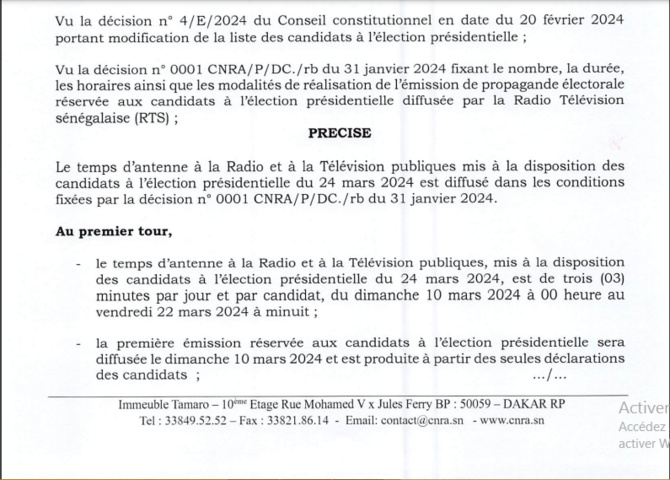 CNRA / Election présidentielle 2024: Communiqué relatif à la diffusion du temps d’antenne des candidats CNRA / Election présidentielle 2024: Communiqué relatif à la diffusion du temps d’antenne des candidats