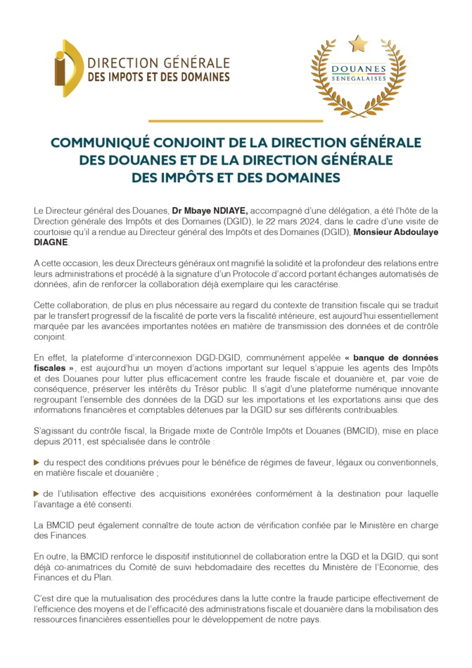 Visite du Directeur Général des Douanes à la Direction Générale des Impôts et des Domaines : Renforcement des Liens et Collaboration Interinstitutionnelle