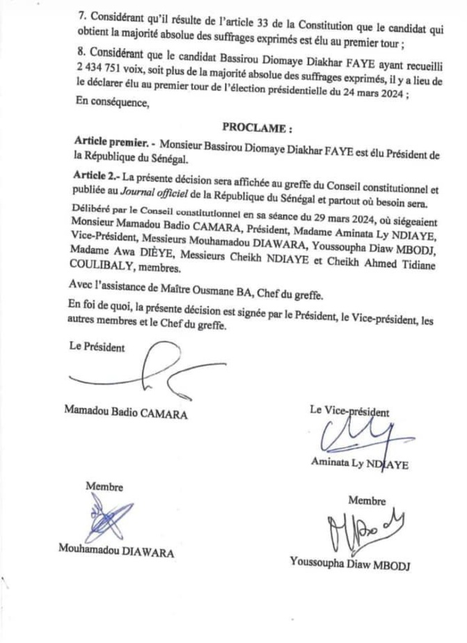 Election présidentielle du 24 mars 2024: Les résultats donnés par le Conseil constitutionnel, confirment la victoire de Bassirou Diomaye Faye