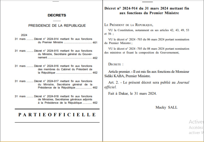 Gouvernement : Le décret mettant fin aux fonctions du Premier Ministre...publié