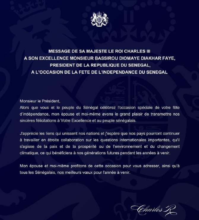 Fête de l'Indépendance du Sénégal : Le message de Sa Majesté Le Roi Charles Iii au Président Bassirou Diomaye Diakhar Faye