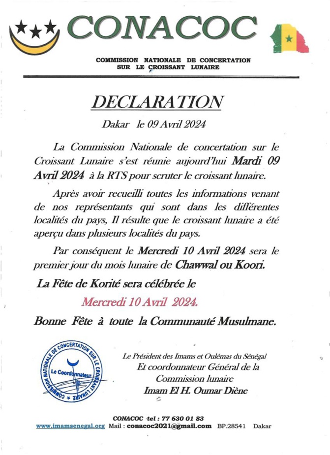 Korité 2024 : Le croissant lunaire aperçu dans plusieurs localités du pays (CONACOC) Korité 2024 : Le croissant lunaire aperçu dans plusieurs localités du pays (CONACOC)