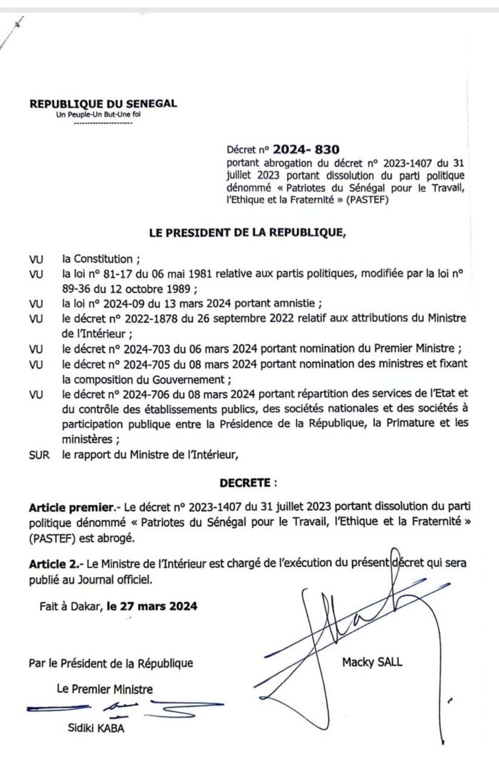 Le décret portant dissolution du Pastef abrogé (Document)