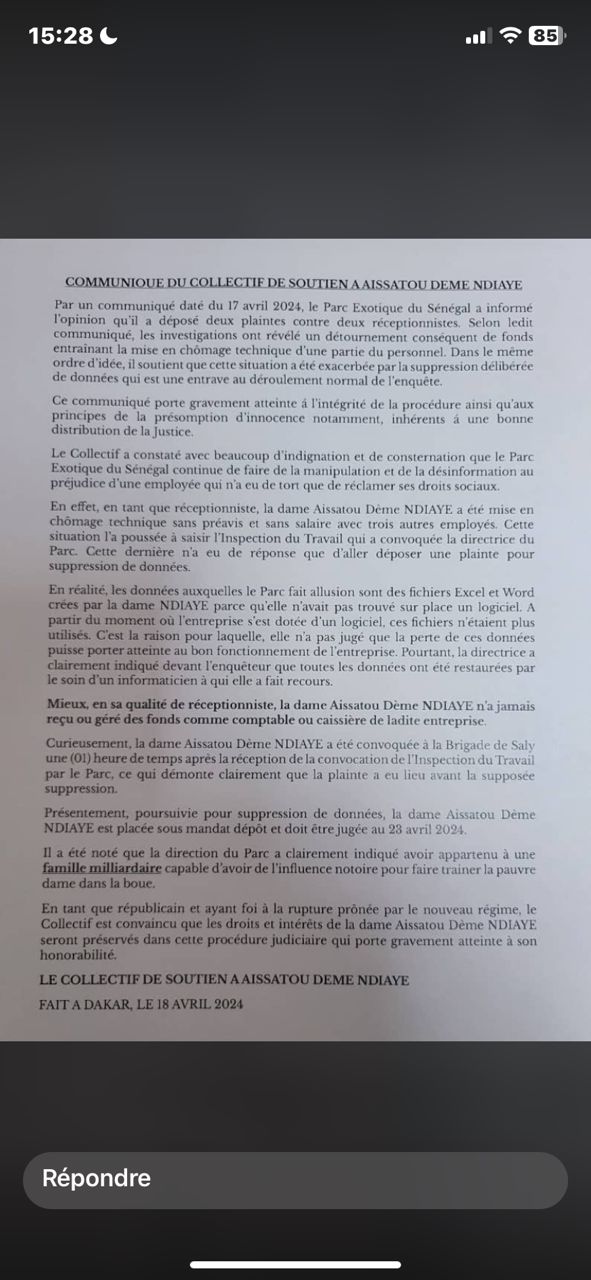 Affaire Parc Exotique du Sénégal: Le collectif de soutien à Aissata Dème Ndiaye indexe un communiqué, portant gravement atteinte à l’intégrité de la procédure...