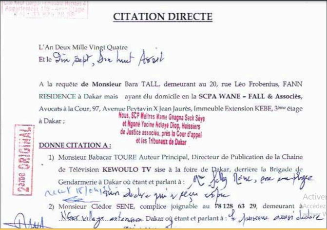Diffamation: Bara Tall sert une citation directe au Directeur de publication de Kewoulo, Babacar Touré et à Clédor Sène Diffamation: Bara Tall sert une citation directe au Directeur de publication de Kewoulo, Babacar Touré et à Clédor Sène
