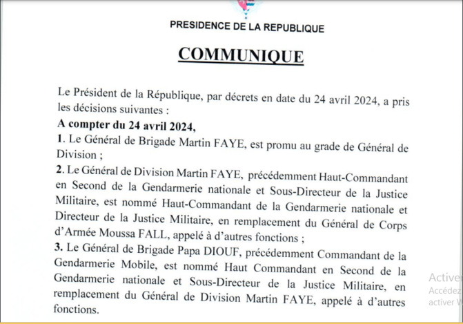 Réaménagement au sommet de la gendarmerie: Le Général de Division Martin Faye, est nommé Haut-Commandant de la Gendarmerie nationale et Directeur de la Justice Militaire