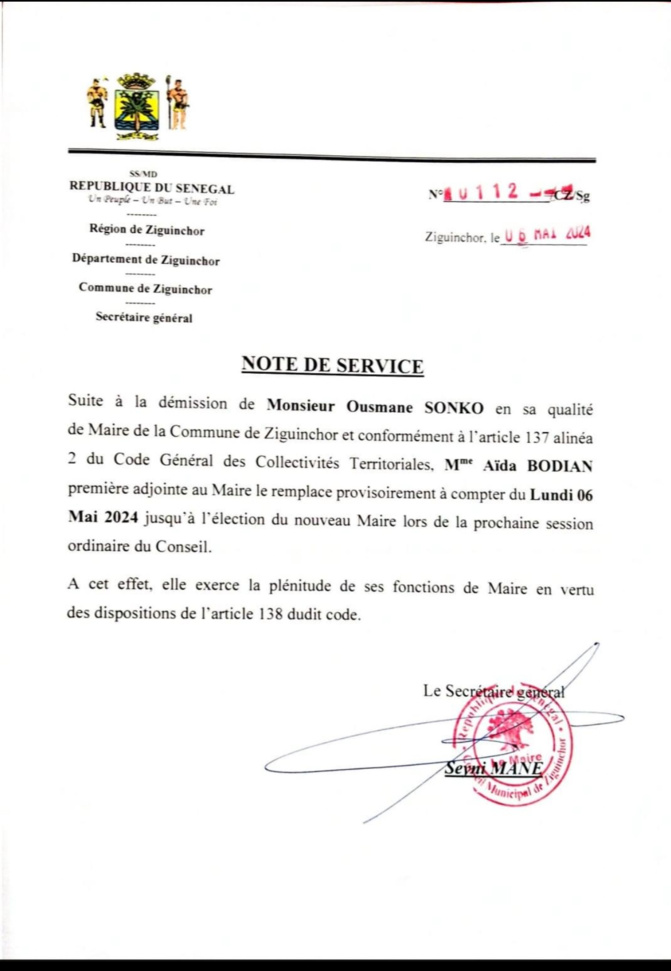 Ziguinchor/ Suite à la démission de M. Ousmane Sonko : Mme Aïda Bodian, première adjointe au maire, assure l’intérim Ziguinchor/ Suite à la démission de M. Ousmane Sonko : Mme Aïda Bodian, première adjointe au maire, assure l’intérim