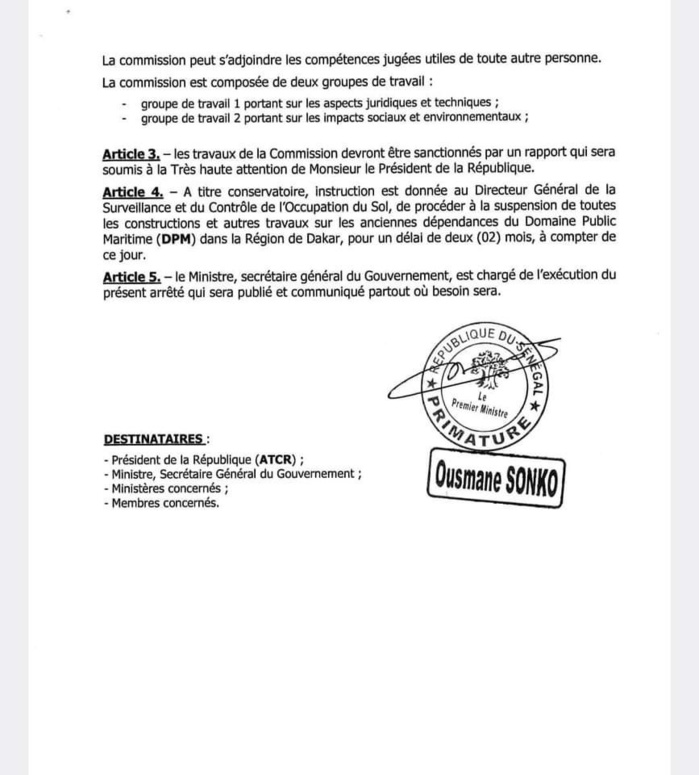 Domaine public maritime: Le Pm Ousmane Sonko annonce la suspension des travaux et la création d'une commission Ad hoc