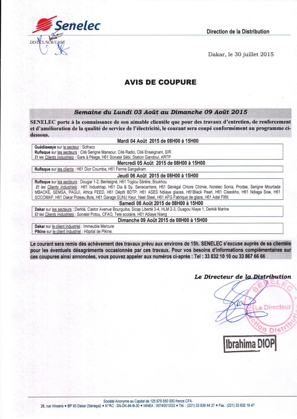 Avis de coupure du 03 au 09 aout 2015