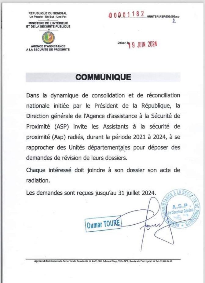 Agence de sécurité de proximité: Le Dg appelle les ASP radiés entre 2021 et 2024 à déposer des demandes de révision de leurs dossiers Agence de sécurité de proximité: Le Dg appelle les ASP radiés entre 2021 et 2024 à déposer des demandes de révision de leurs dossiers