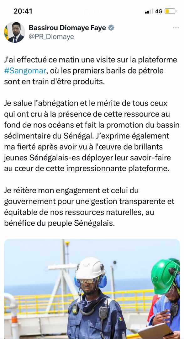 Bassirou Diomaye Faye a visité la plateforme Sangomar où les premiers barils de pétrole sont en train d'être produits Bassirou Diomaye Faye a visité la plateforme Sangomar où les premiers barils de pétrole sont en train d'être produits