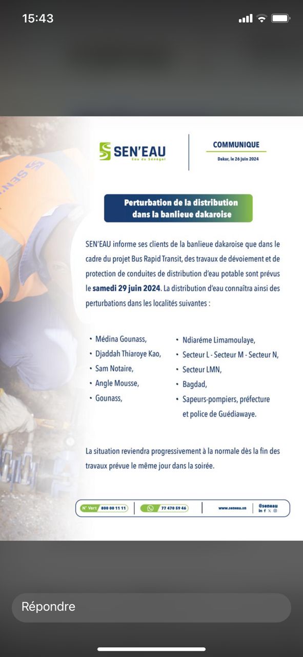 Distribution de l'eau: La SEN’EAU annonce des perturbations dans la banlieue dakaroise