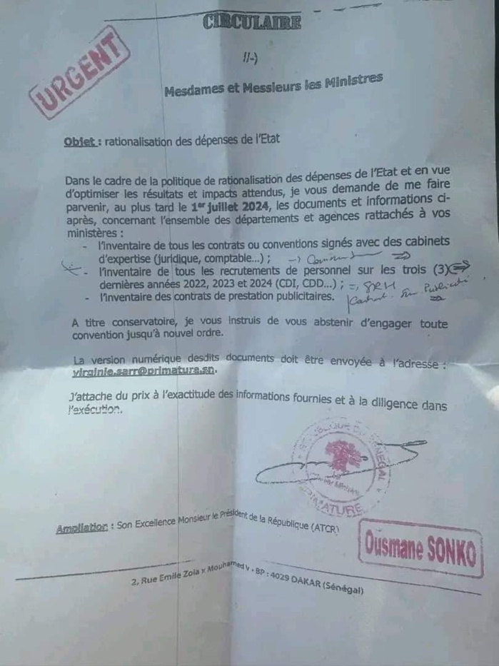 Rationalisation des dépenses de l’Etat : Le Premier Ministre Ousmane Sonko demande des comptes aux Ministres de son gouvernement et exige l’arrêt des contrats de partenariat