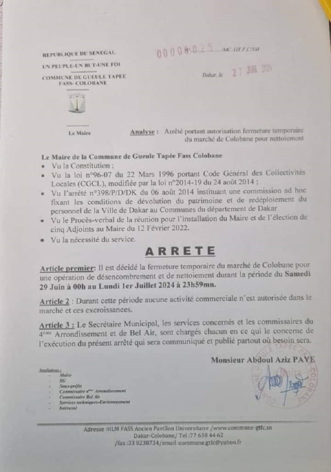 Assainissement : Sur décision du Maire, le marché de Colobane en pause d’activité jusqu’au Mardi