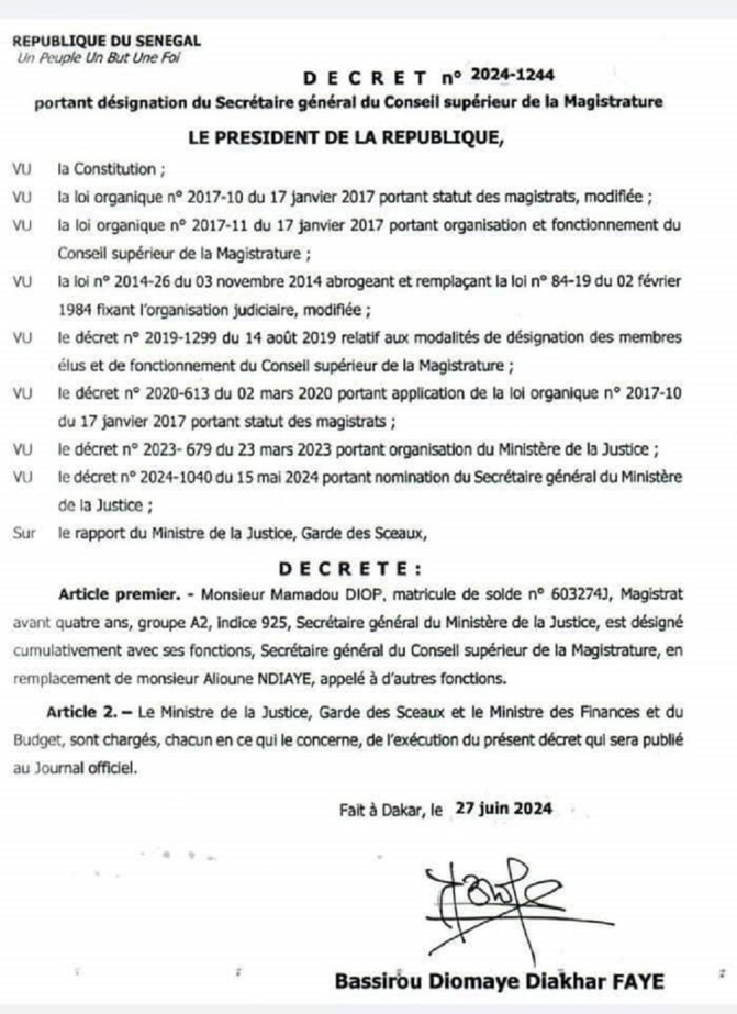 Conseil Supérieur de la Magistrature : Le magistrat Mamadou Diop en devient le nouveau Secrétaire général