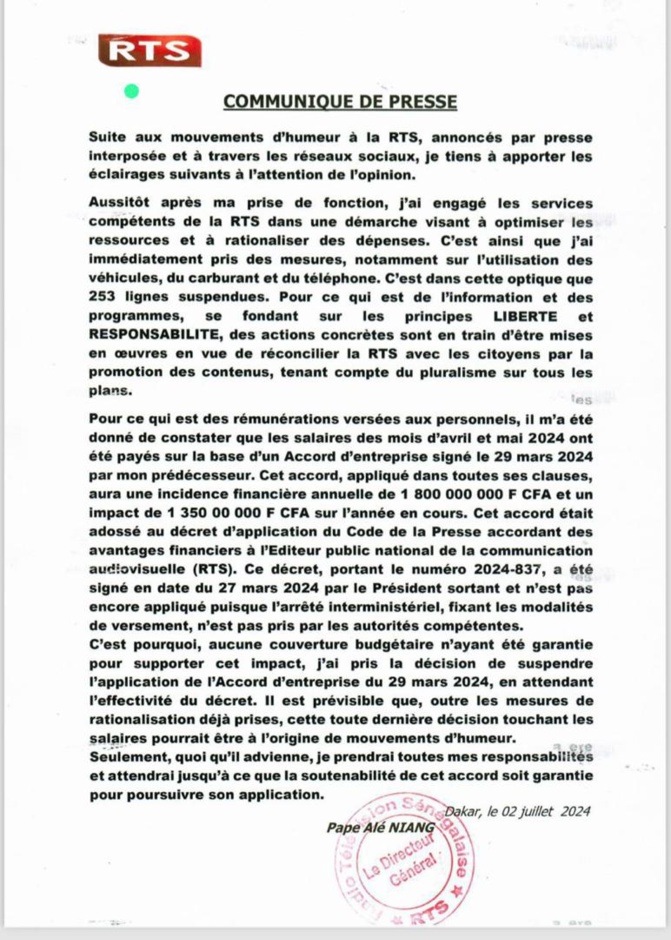 RTS : Le DG Pape Alé Niang clarifie la situation (Communiqué)