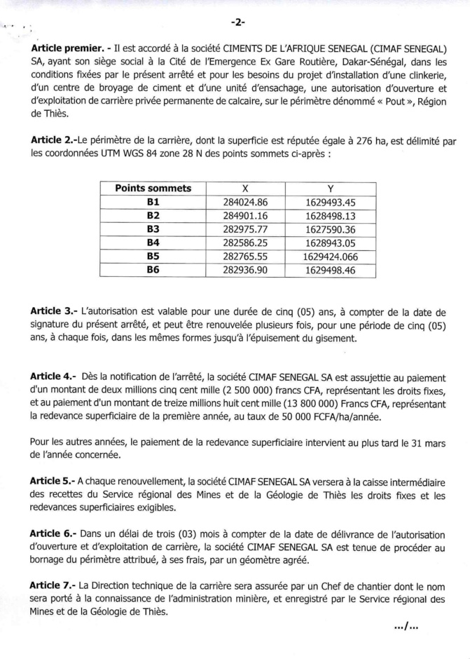La société Ciments de l’Afrique Sénégal à Pout : Ce que fixe l’arrêté-005494 portant sur son autorisation, ouverture et exploitation