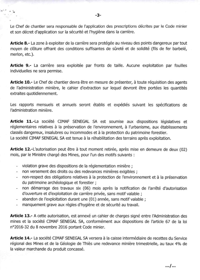 La société Ciments de l’Afrique Sénégal à Pout : Ce que fixe l’arrêté-005494 portant sur son autorisation, ouverture et exploitation
