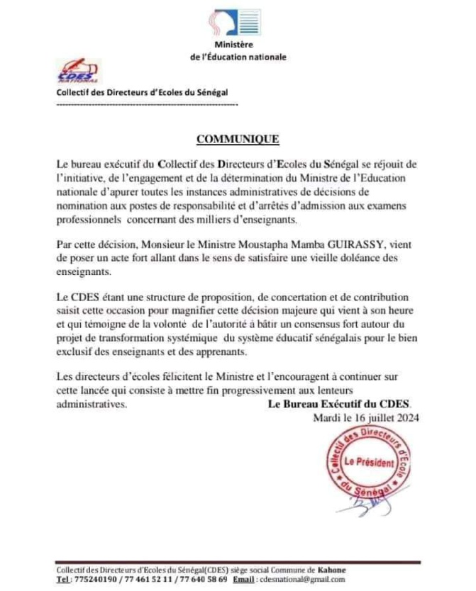 Apurement des instances administratives et des décisions de nomination : Les Directeurs d’écoles félicitent le Ministre Moustapha Guirassy Apurement des instances administratives et des décisions de nomination : Les Directeurs d’écoles félicitent le Ministre Moustapha Guirassy