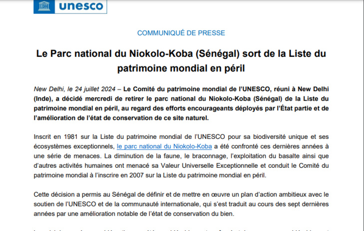 Unesco: Le Sénégal réussit à retirer le Niokolo Koba, du Patrimoine mondial en danger Unesco: Le Sénégal réussit à retirer le Niokolo Koba, du Patrimoine mondial en danger