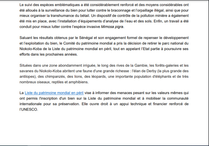 Unesco: Le Sénégal réussit à retirer le Niokolo Koba, du Patrimoine mondial en danger Unesco: Le Sénégal réussit à retirer le Niokolo Koba, du Patrimoine mondial en danger