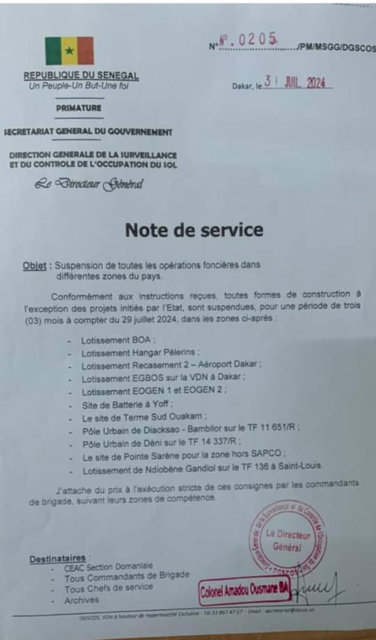 Suspension des Travaux Fonciers : Plus de 10 000 Emplois Journaliers Impactés suite à l'Ordre de Ousmane Sonko ( Cité Tobago, Recasement 2)) Suspension des Travaux Fonciers : Plus de 10 000 Emplois Journaliers Impactés suite à l'Ordre de Ousmane Sonko ( Cité Tobago, Recasement 2))