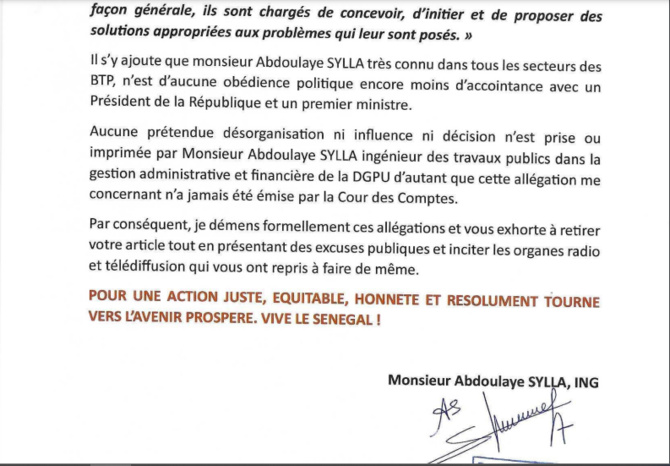 Suite à l’article de Leral.net, « Rapport accablant de la Cour des comptes ou scandale à la DGPU » : Abdoulaye Sylla dément et précise… Suite à l’article de Leral.net, « Rapport accablant de la Cour des comptes ou scandale à la DGPU » : Abdoulaye Sylla dément et précise…