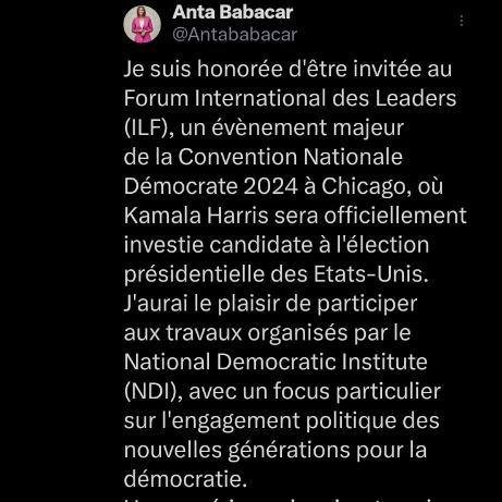 Invitée de la Convention démocrate à Chicago pour l'investiture de Kamala Harris : Anta Babacar Ngom refait surface Invitée de la Convention démocrate à Chicago pour l'investiture de Kamala Harris : Anta Babacar Ngom refait surface
