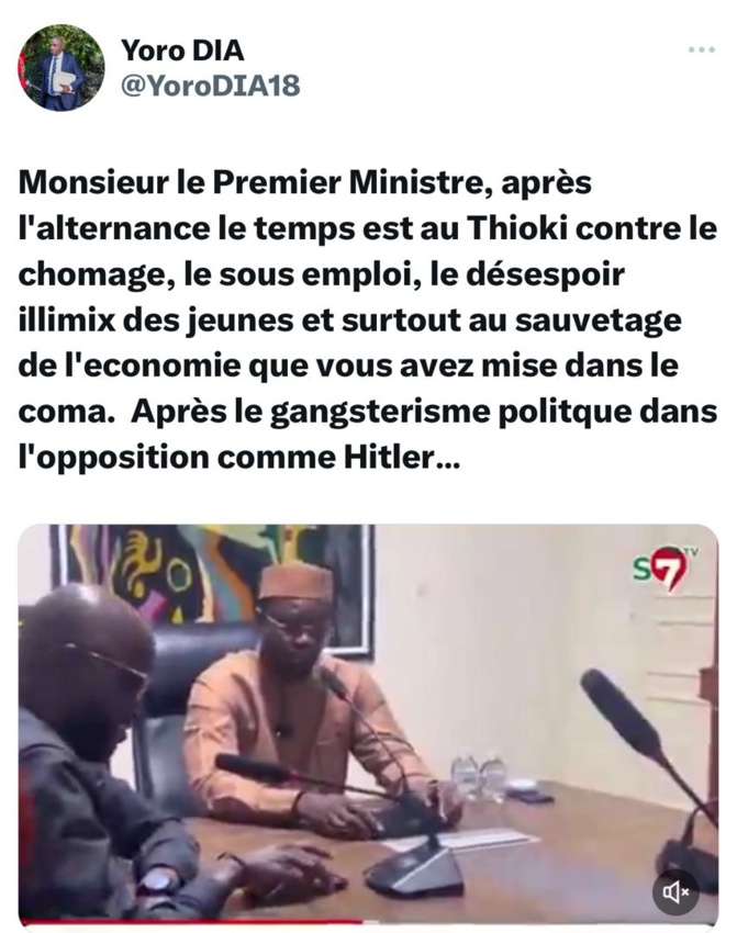 Dr Yoro Dia, ancien Ministre : « Après le gangstérisme politique dans l’opposition comme Hitler… le Premier Ousmane Sonko veut gouverner par la peur comme Charles Taylor » Dr Yoro Dia, ancien Ministre : « Après le gangstérisme politique dans l’opposition comme Hitler… le Premier Ousmane Sonko veut gouverner par la peur comme Charles Taylor »